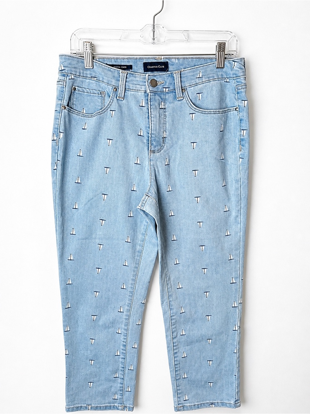 Charter Club Bristol Capri Jeans Sailboat Print Coastal Nautical Sz 8